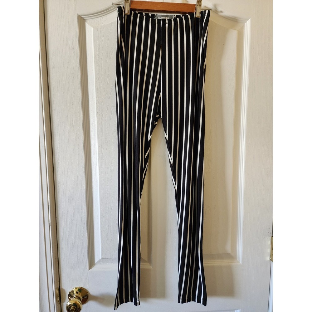 Alembika Black White Striped Leggings Size 1 Lagenlook Made in Israel Stretch - Picture 1 of 6